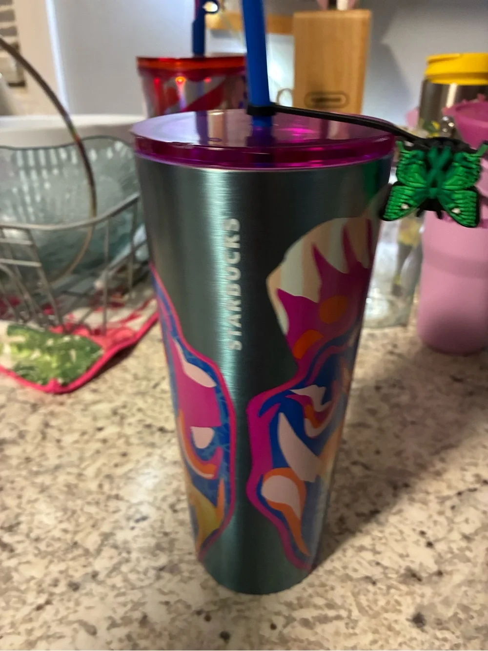 Starbucks Multicolor Metallic Tumbler with Purple Lid and Green Butterfly Charm